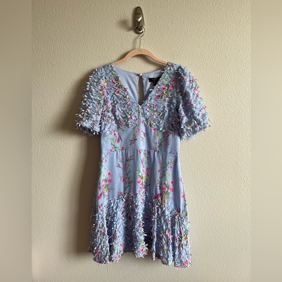 Lipsy Petite Blue Multi Print 3D Flower Textured Skater Dress - Picture 1 of 4